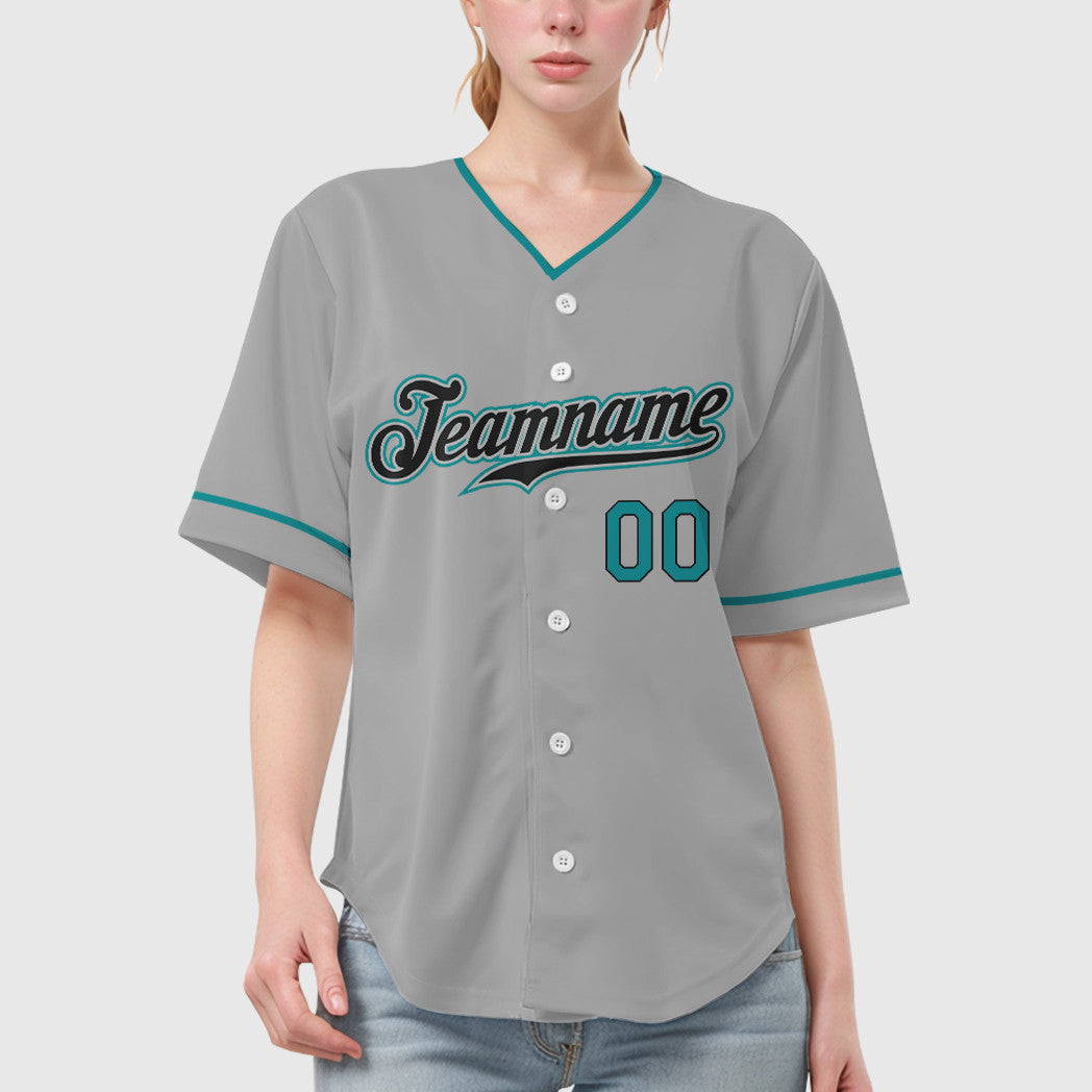 Custom Gray Black Teal Collar Sleeve Baseball Jersey