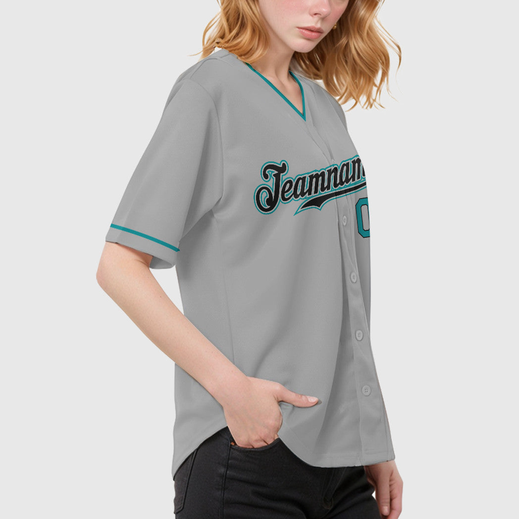 Custom Gray Black Teal Collar Sleeve Baseball Jersey