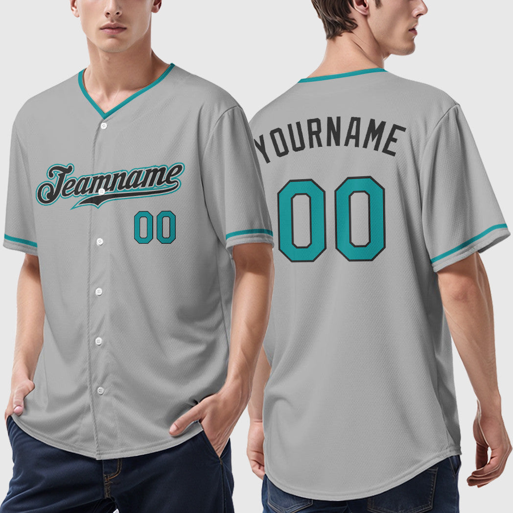 Custom Gray Black Teal Collar Sleeve Baseball Jersey