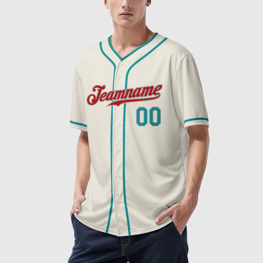 Custom Cream Teal Red Teal-Gray Piping Baseball Jersey