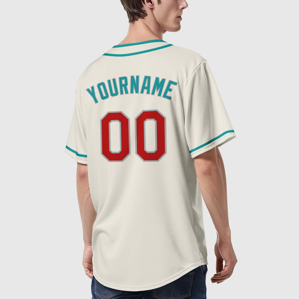 Custom Cream Teal Red Teal-Gray Piping Baseball Jersey