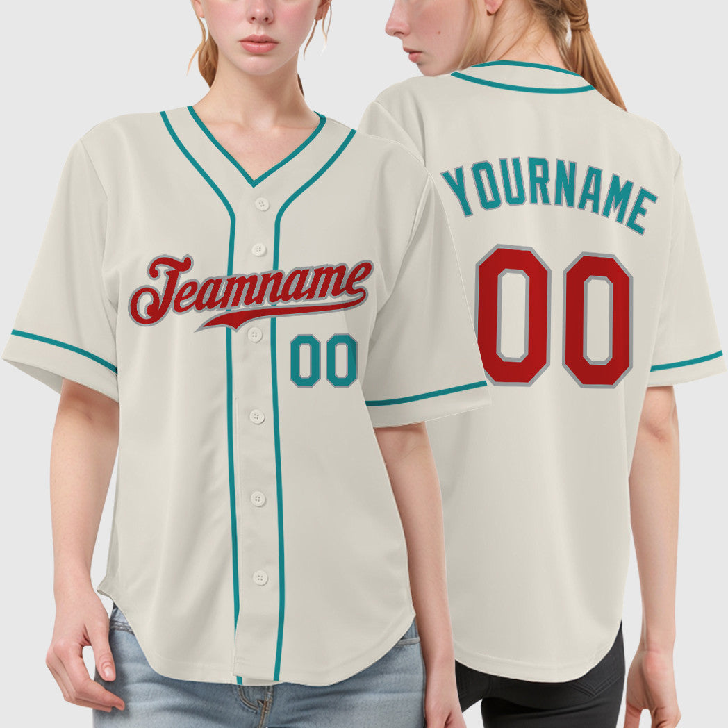 Custom Cream Teal Red Teal-Gray Piping Baseball Jersey