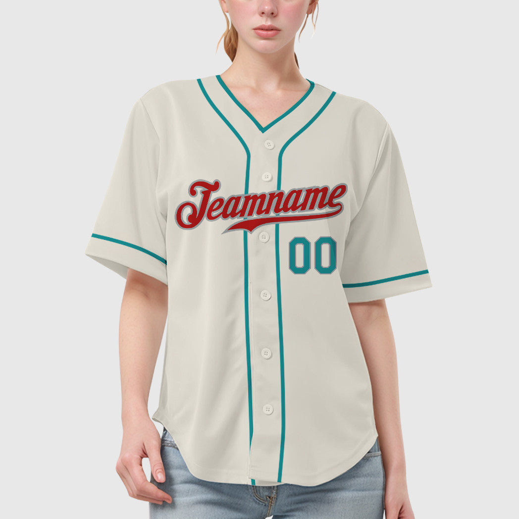 Custom Cream Teal Red Teal-Gray Piping Baseball Jersey