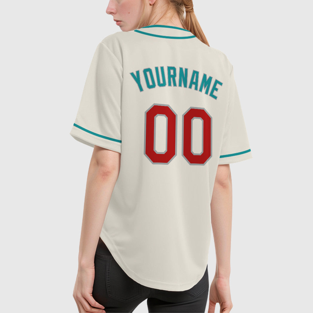 Custom Cream Teal Red Teal-Gray Piping Baseball Jersey