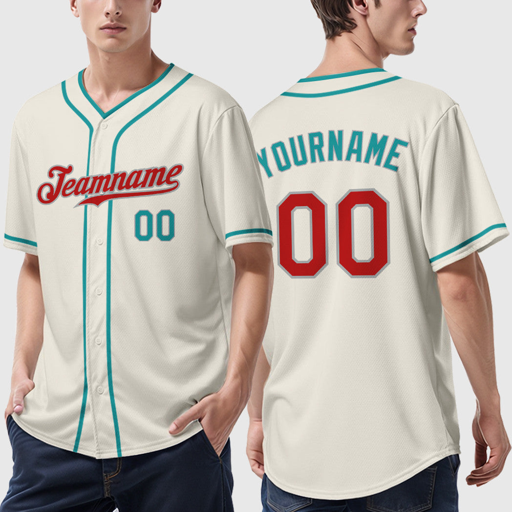 Custom Cream Teal Red Teal-Gray Piping Baseball Jersey