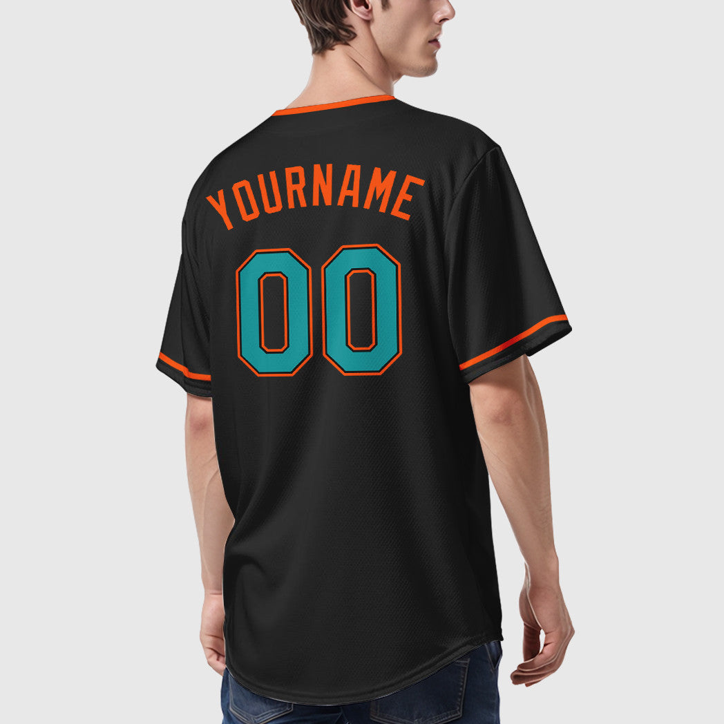 Custom Black Teal Teal-Orange Collar Sleeve Baseball Jersey