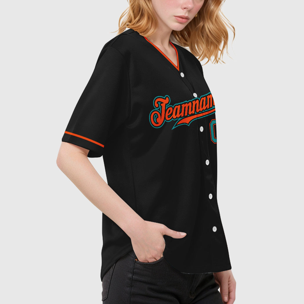 Custom Black Teal Teal-Orange Collar Sleeve Baseball Jersey
