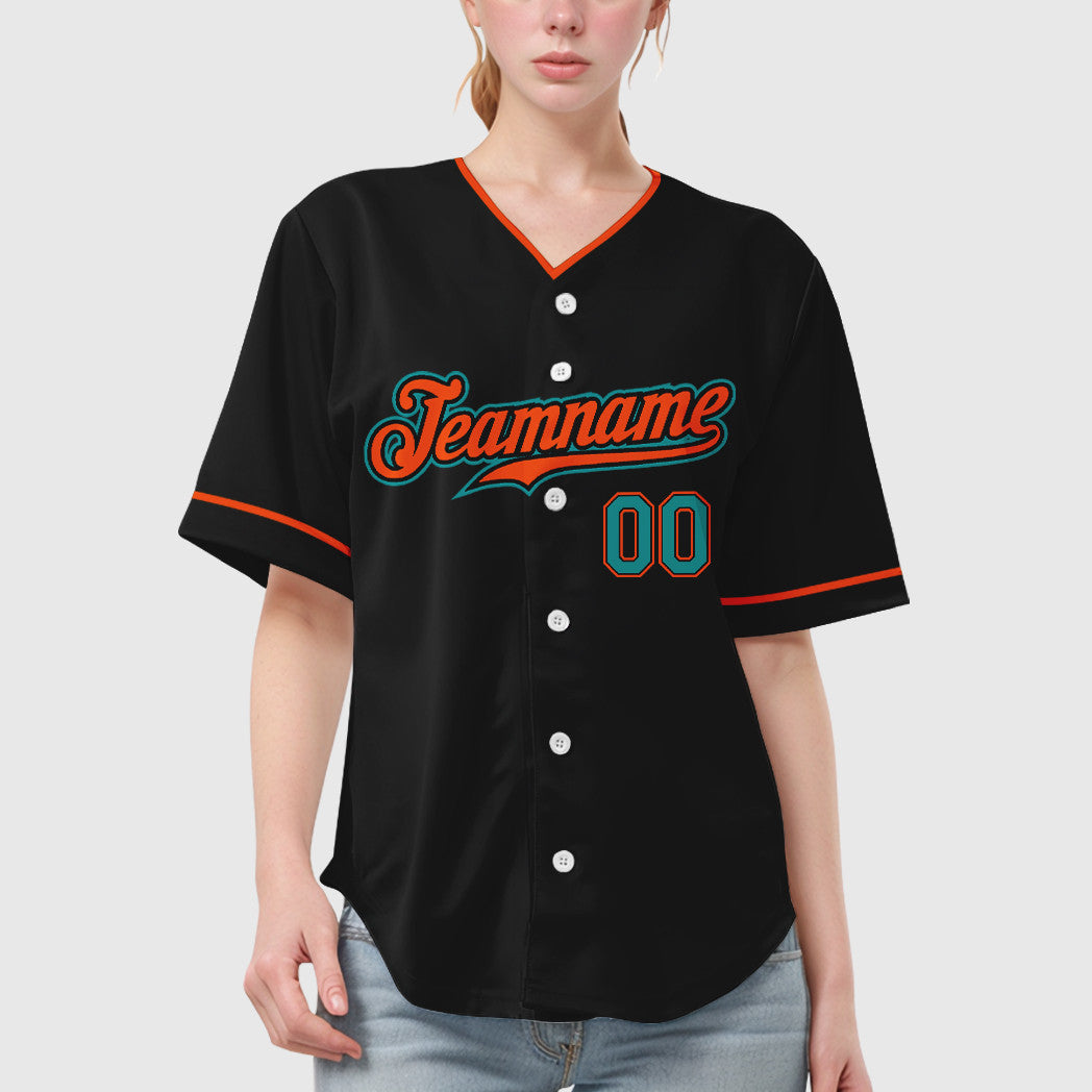 Custom Black Teal Teal-Orange Collar Sleeve Baseball Jersey
