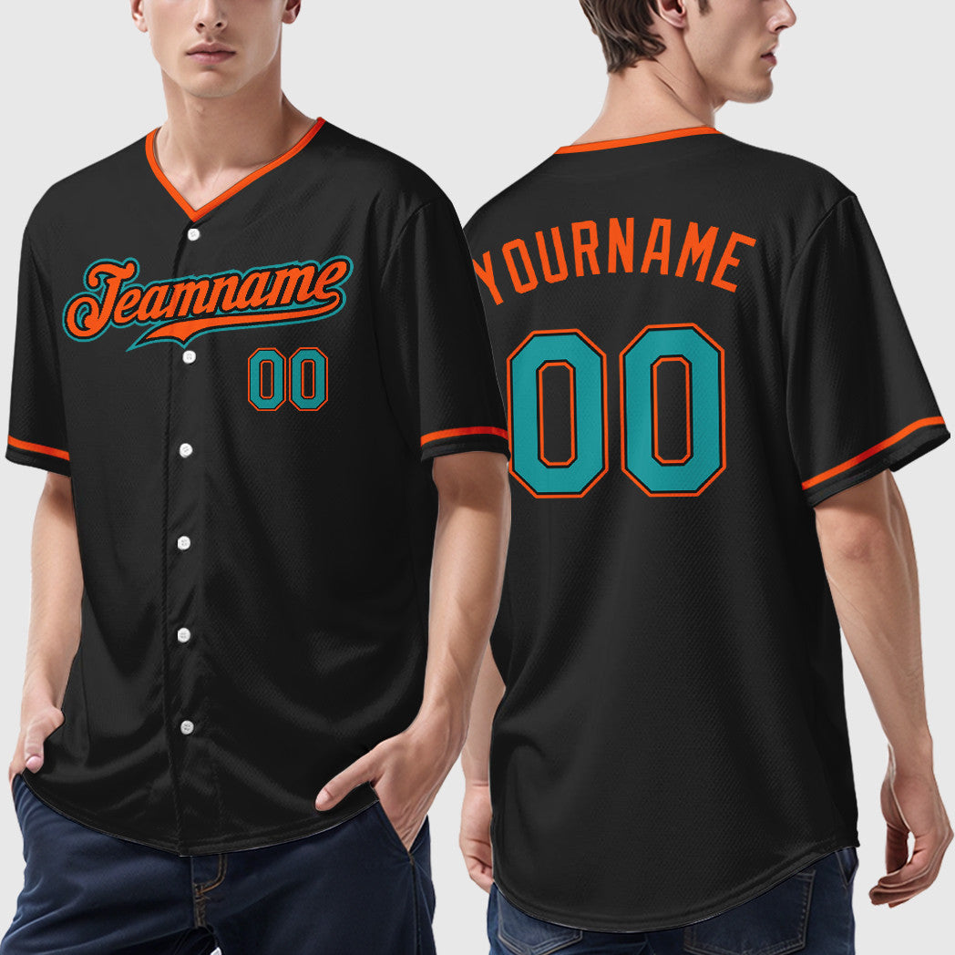 Custom Black Teal Teal-Orange Collar Sleeve Baseball Jersey