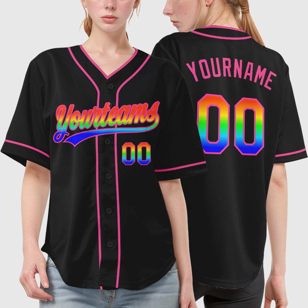 Custom Black White Rainbow-Pink 3D Piping Baseball Jersey