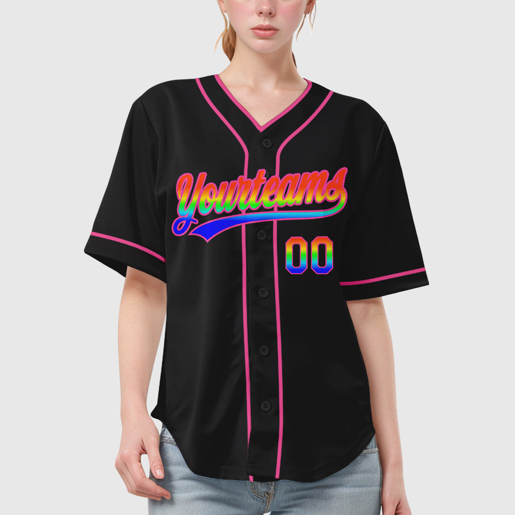 Custom Black White Rainbow-Pink 3D Piping Baseball Jersey