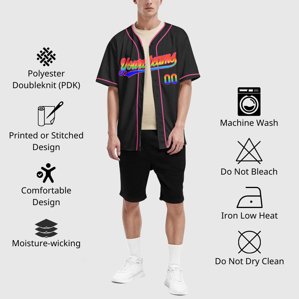 Custom Black White Rainbow-Pink 3D Piping Baseball Jersey