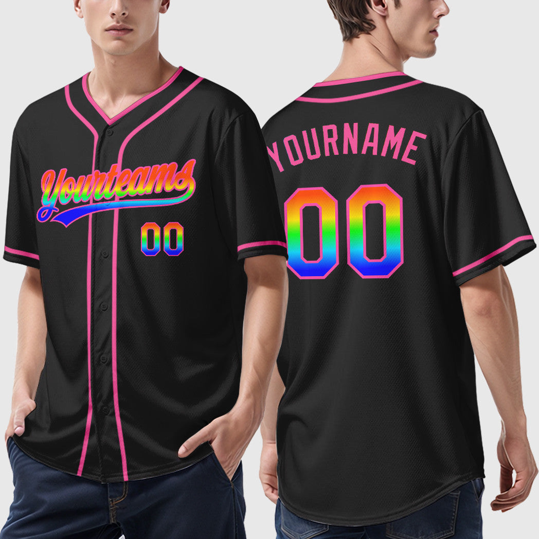 Custom Black White Rainbow-Pink 3D Piping Baseball Jersey