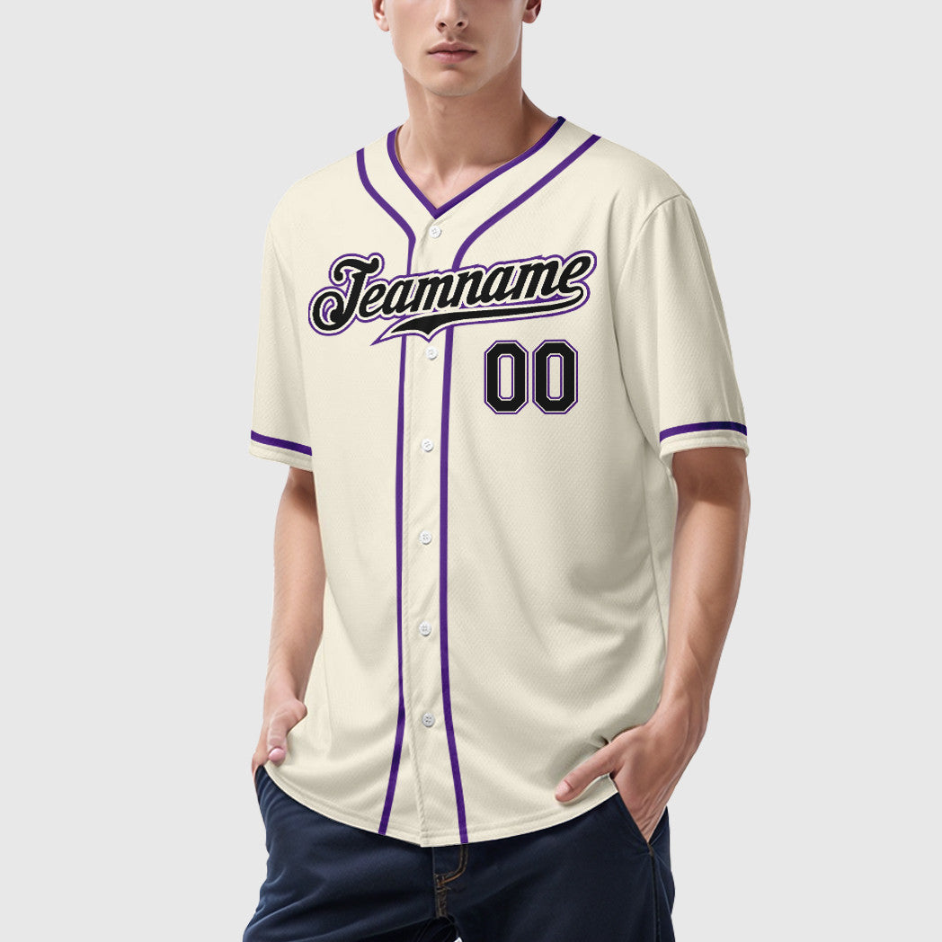 Custom Cream Black Black-Purple Piping Baseball Jersey