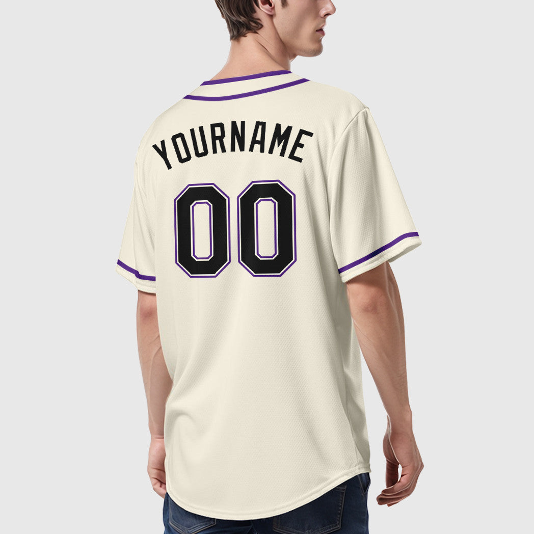 Custom Cream Black Black-Purple Piping Baseball Jersey