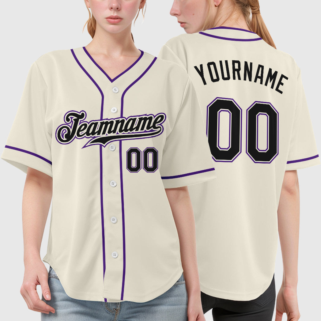 Custom Cream Black Black-Purple Piping Baseball Jersey