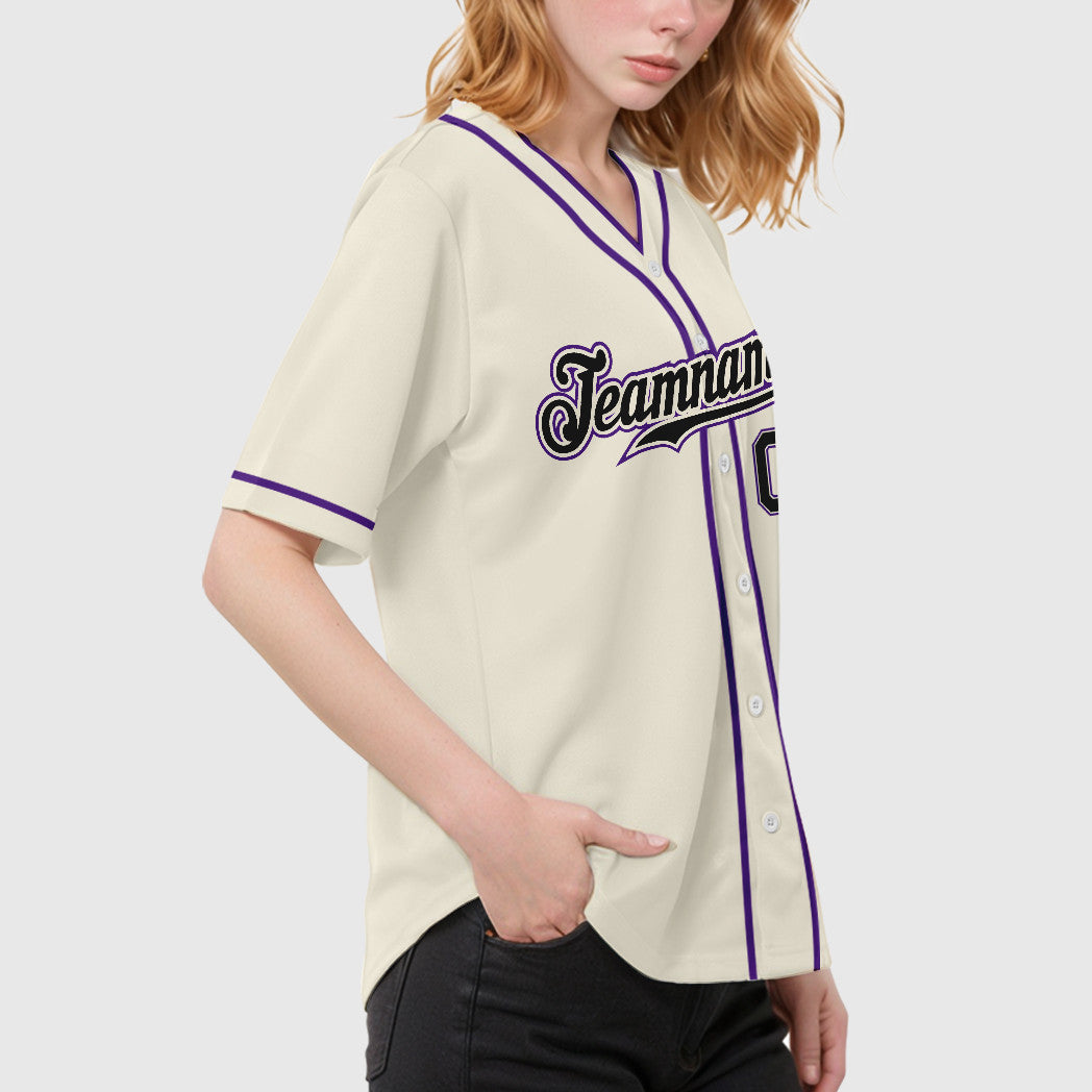 Custom Cream Black Black-Purple Piping Baseball Jersey