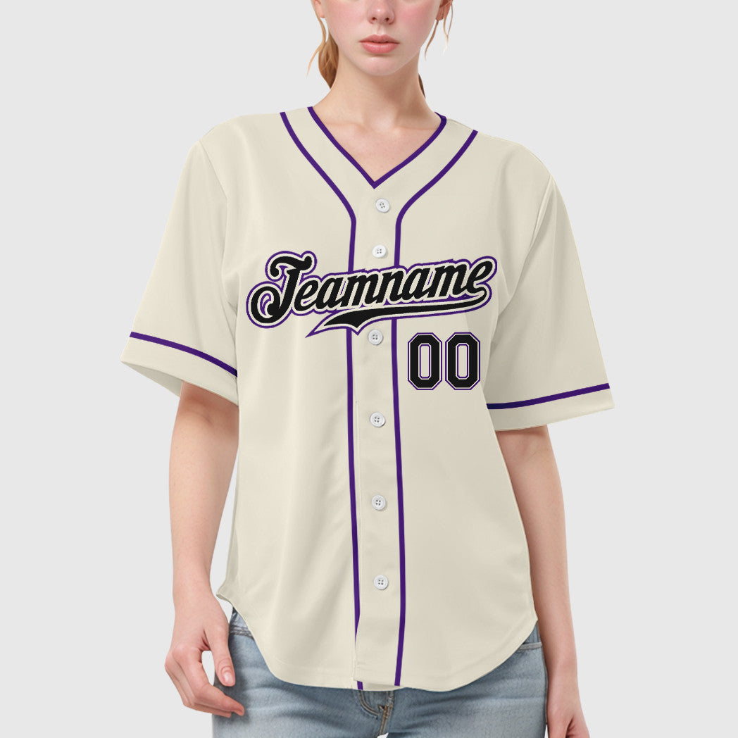 Custom Cream Black Black-Purple Piping Baseball Jersey