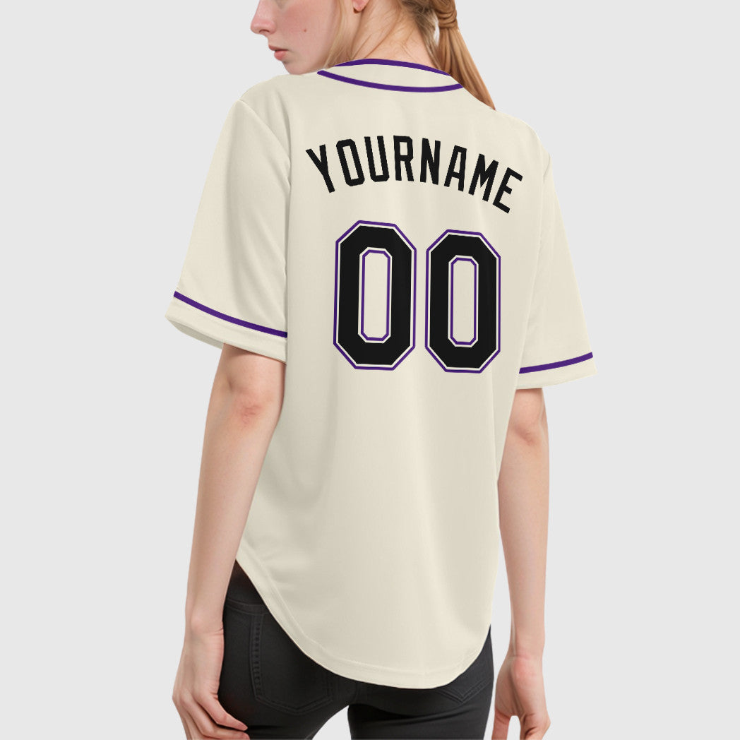 Custom Cream Black Black-Purple Piping Baseball Jersey