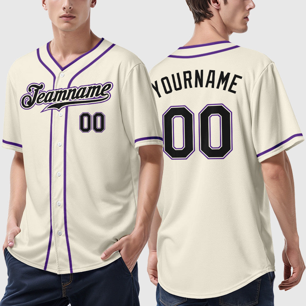Custom Cream Black Black-Purple Piping Baseball Jersey