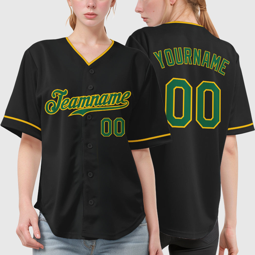 Custom Black Kelly Green Kelly Green-Gold Collar Sleeve Baseball Jersey