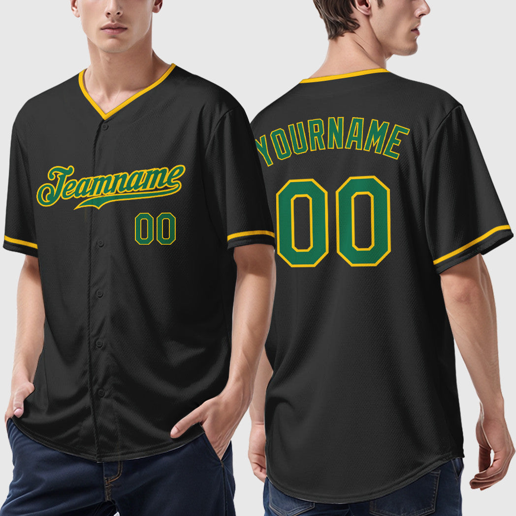 Custom Black Kelly Green Kelly Green-Gold Collar Sleeve Baseball Jersey