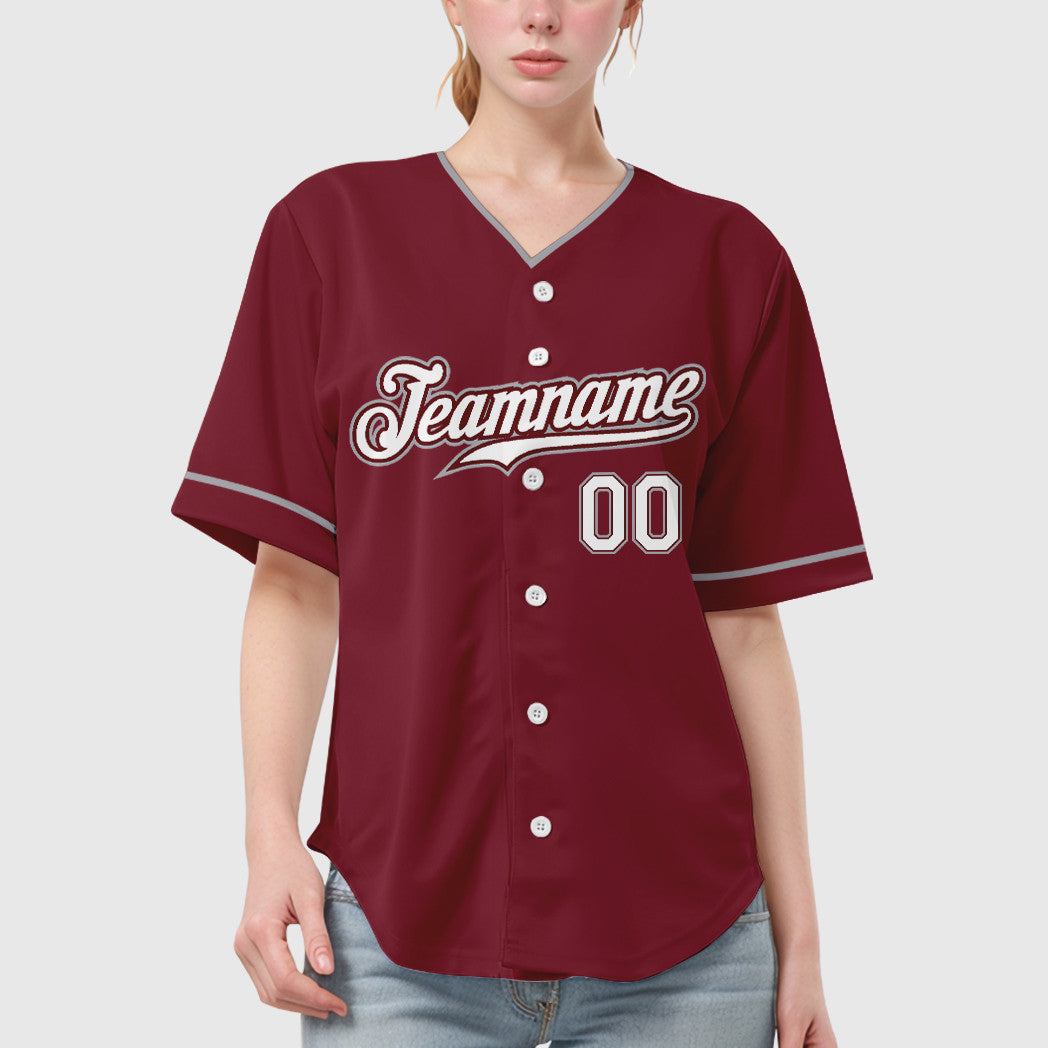 Custom Crimson White Gray Collar Sleeve Baseball Jersey