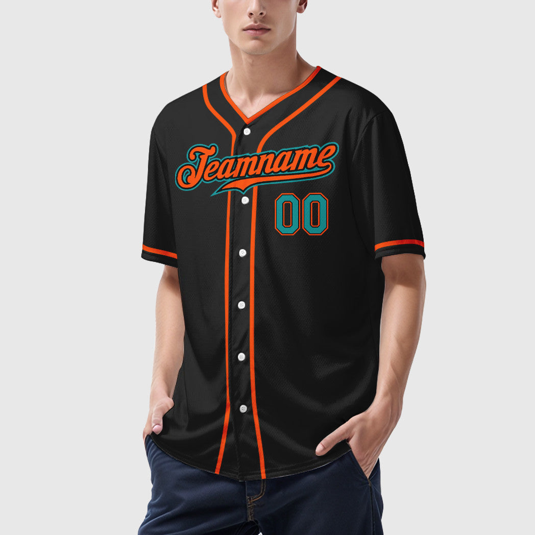 Custom Black Teal Teal-Orange Piping Baseball Jersey