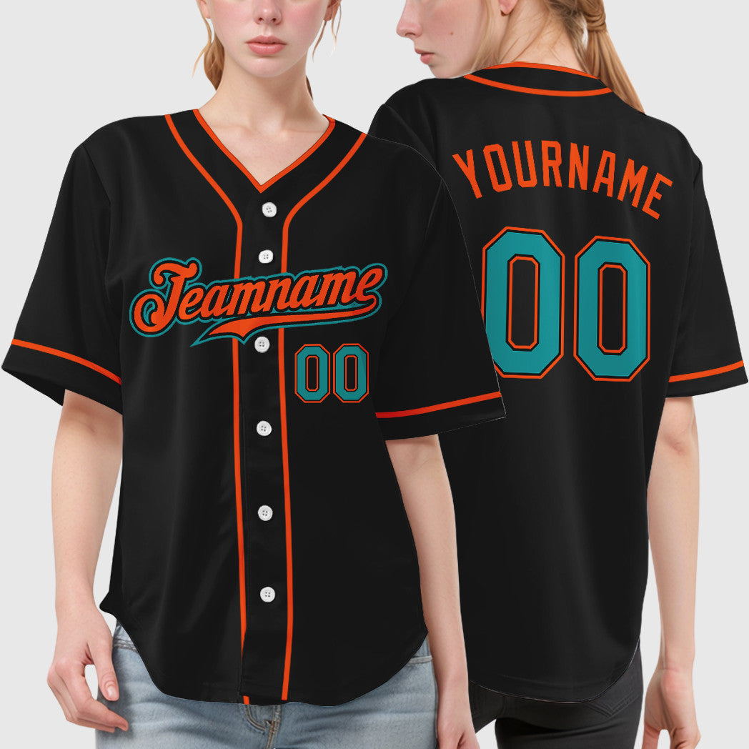 Custom Black Teal Teal-Orange Piping Baseball Jersey