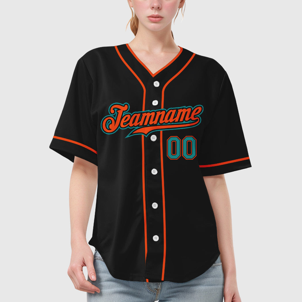 Custom Black Teal Teal-Orange Piping Baseball Jersey