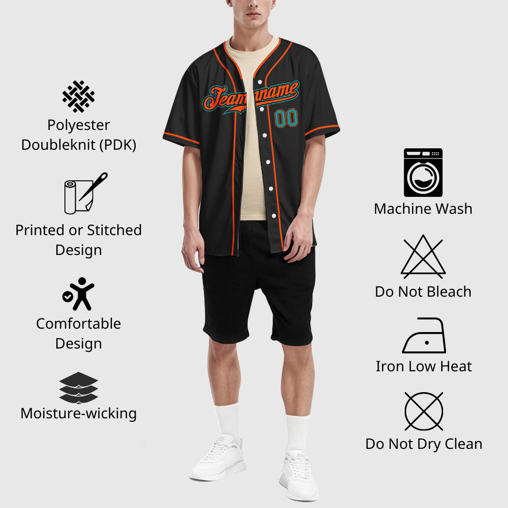 Custom Black Teal Teal-Orange Piping Baseball Jersey