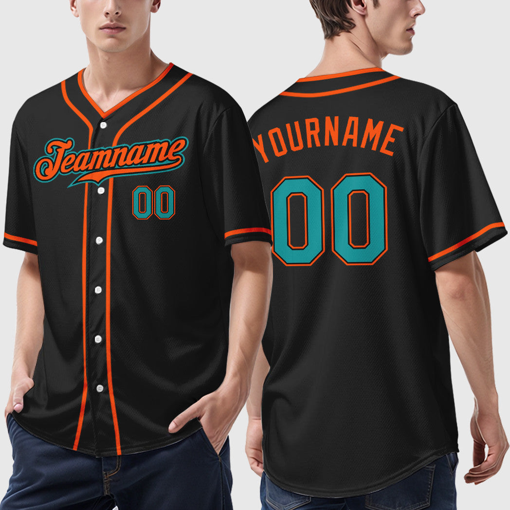 Custom Black Teal Teal-Orange Piping Baseball Jersey
