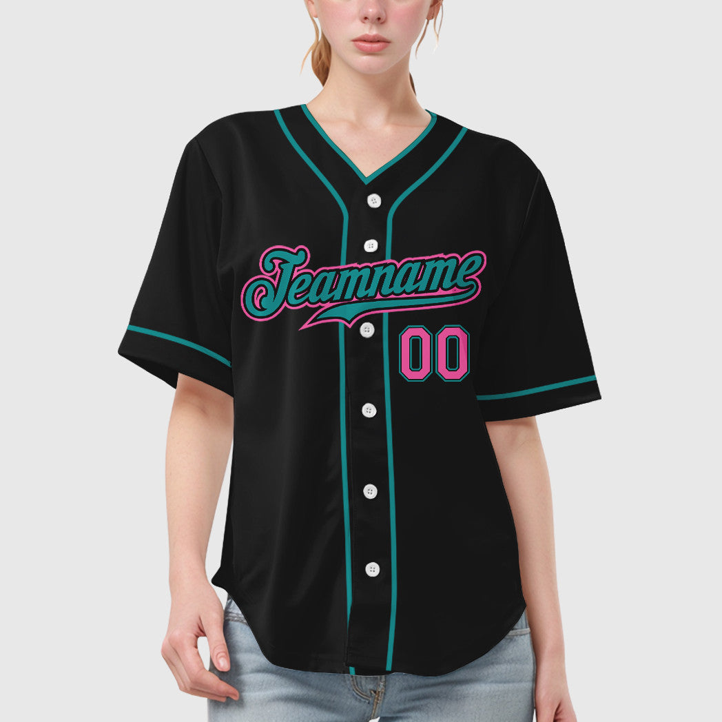 Custom Black Pink Pink-Teal Piping Baseball Jersey