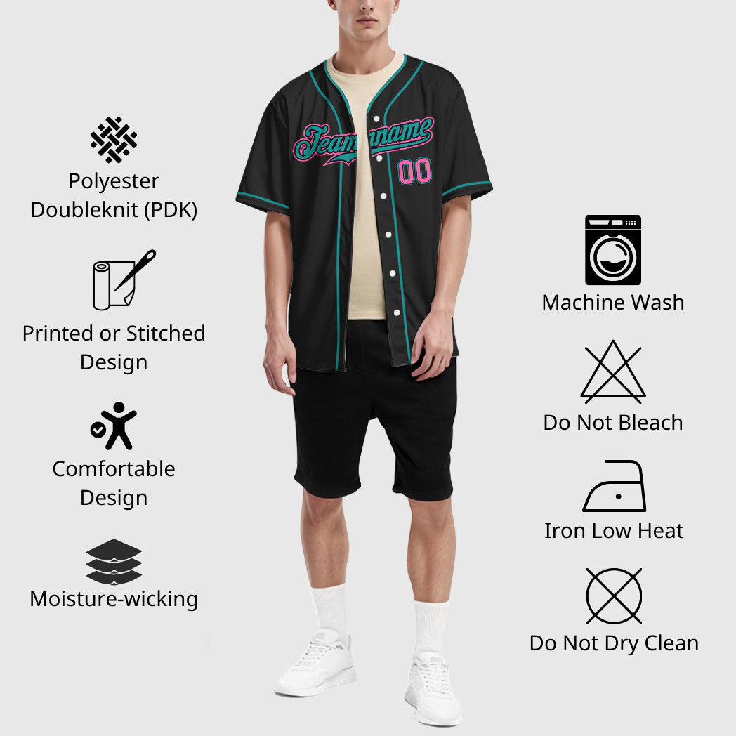 Custom Black Pink Pink-Teal Piping Baseball Jersey
