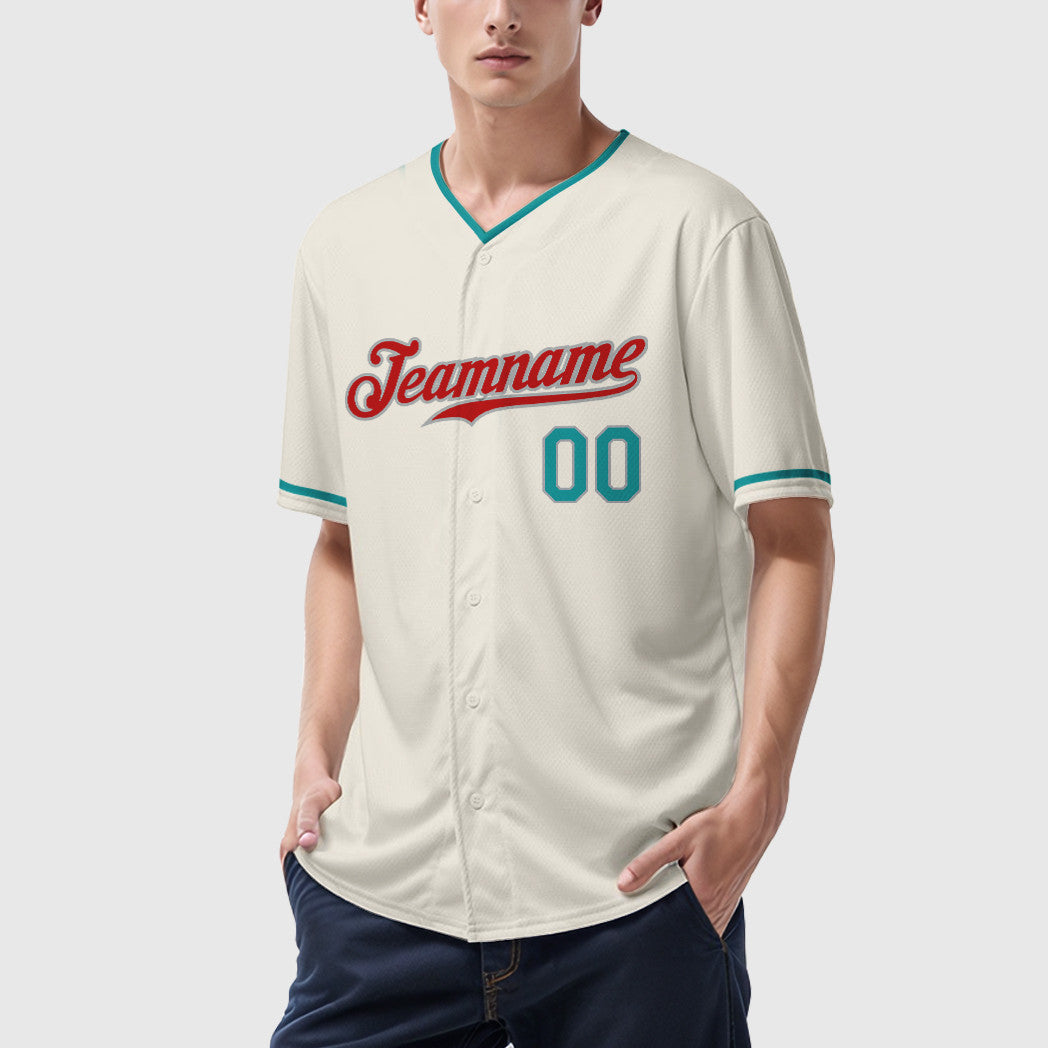 Custom Cream Teal Red Teal-Gray Collar Sleeve Baseball Jersey