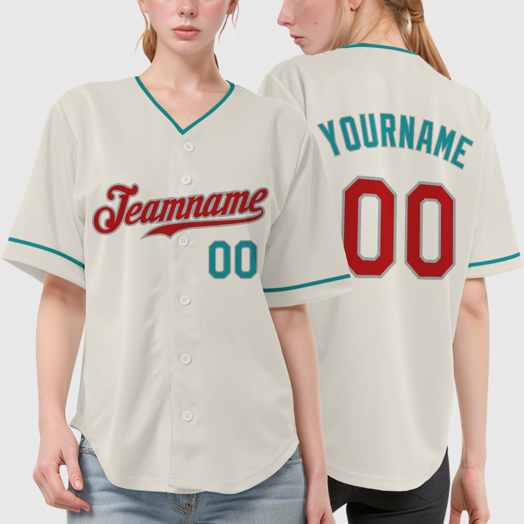 Custom Cream Teal Red Teal-Gray Collar Sleeve Baseball Jersey