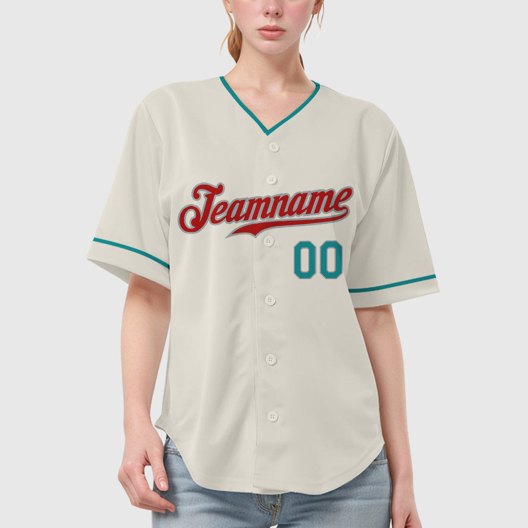 Custom Cream Teal Red Teal-Gray Collar Sleeve Baseball Jersey