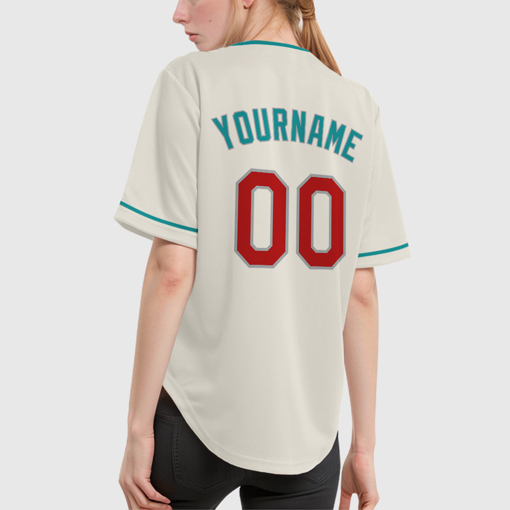 Custom Cream Teal Red Teal-Gray Collar Sleeve Baseball Jersey