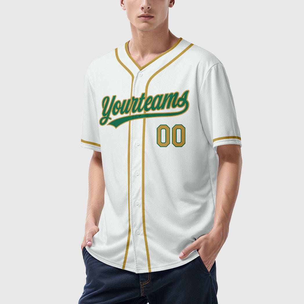 Custom White Kelly Green Old Gold Piping Baseball Jersey