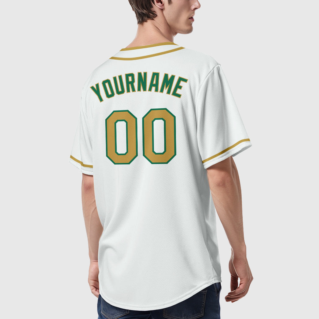 Custom White Kelly Green Old Gold Piping Baseball Jersey