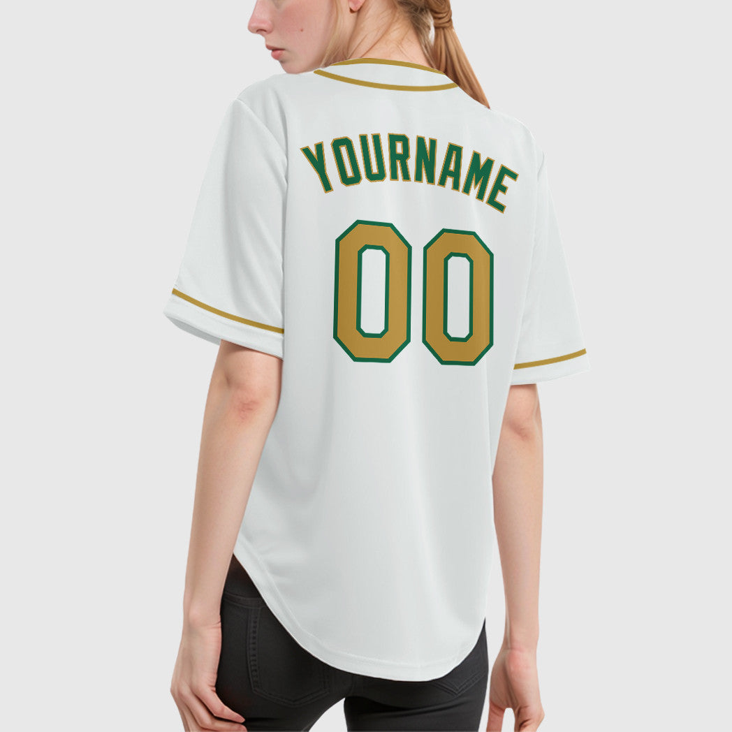 Custom White Kelly Green Old Gold Piping Baseball Jersey