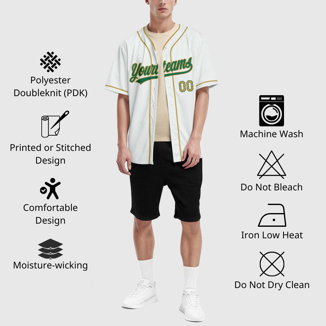 Custom White Kelly Green Old Gold Piping Baseball Jersey