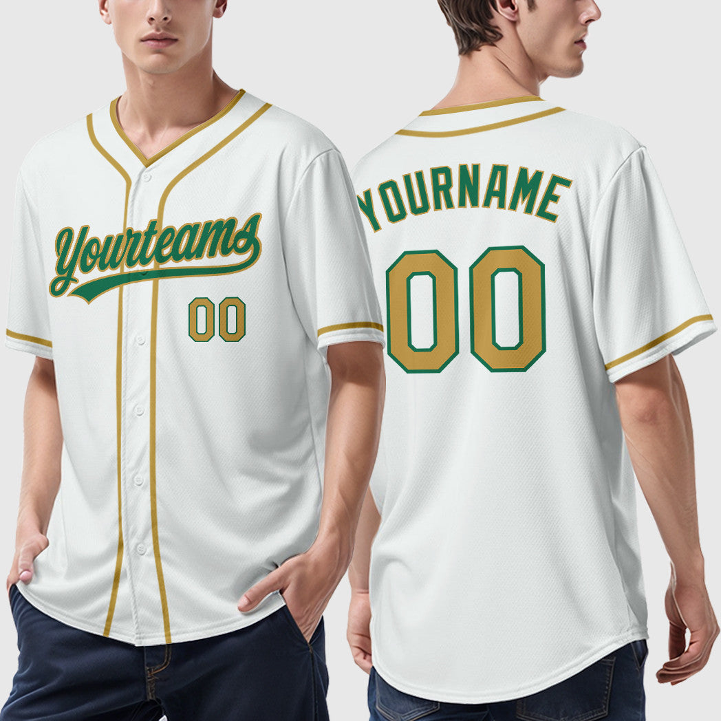 Custom White Kelly Green Old Gold Piping Baseball Jersey