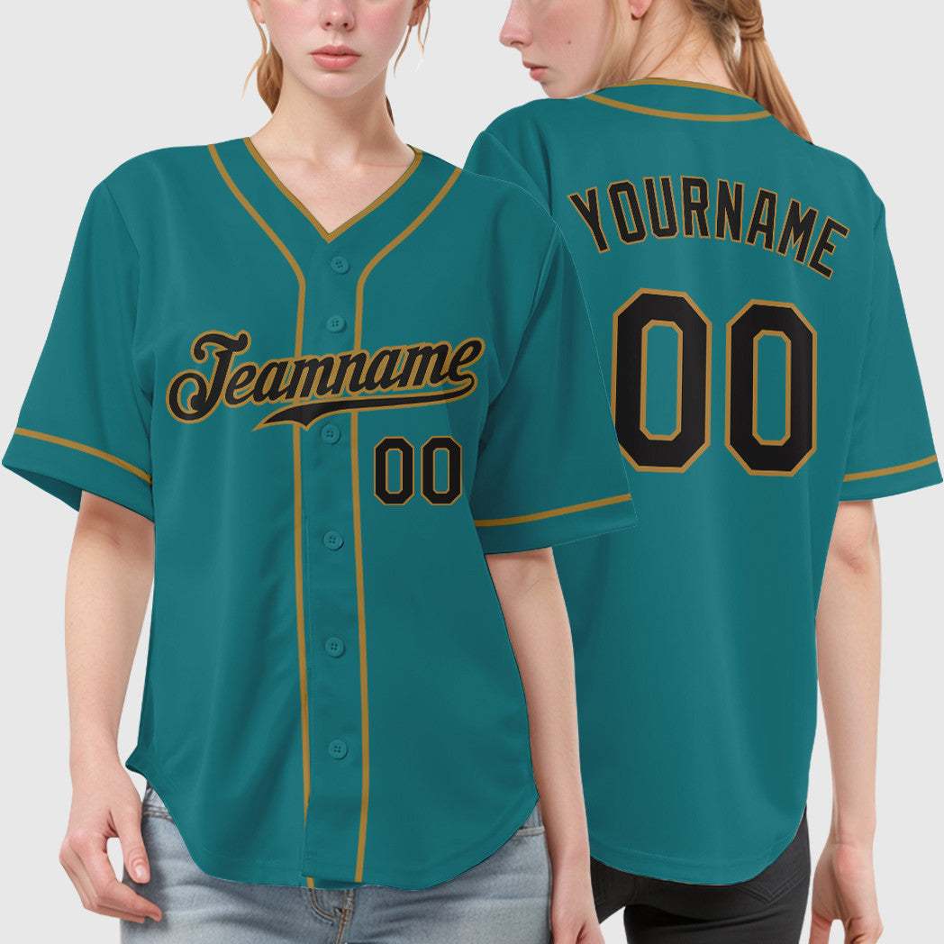 Custom Teal Black Black-Old Gold Piping Baseball Jersey