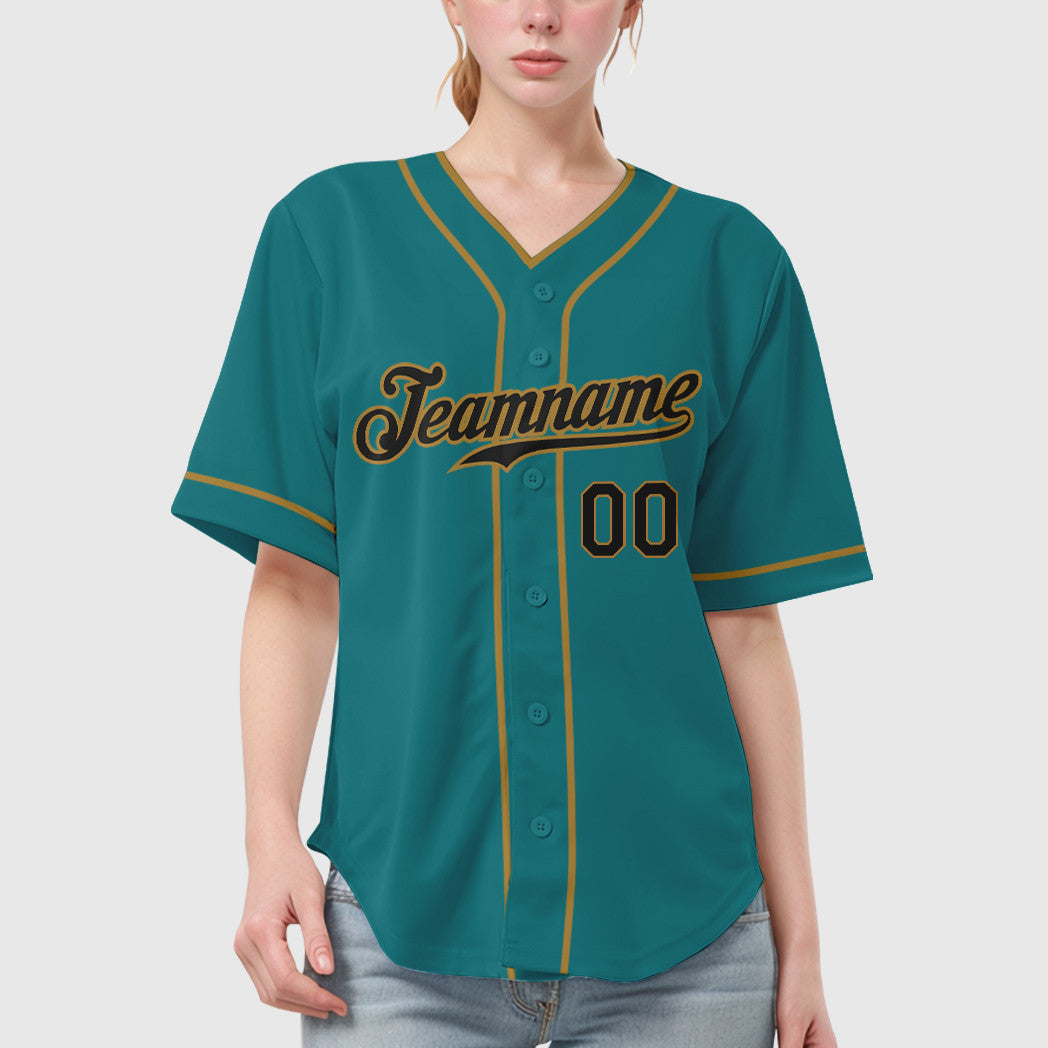 Custom Teal Black Black-Old Gold Piping Baseball Jersey