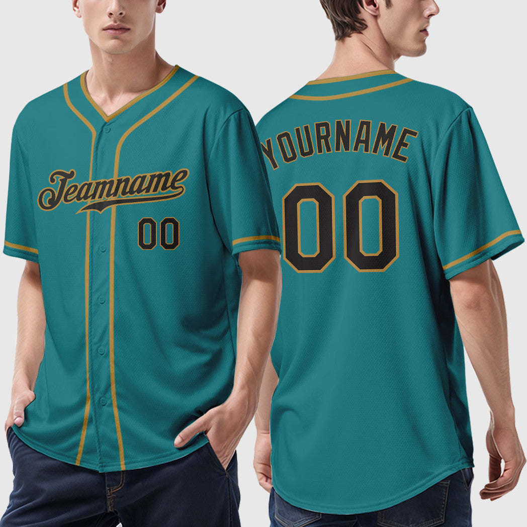 Custom Teal Black Black-Old Gold Piping Baseball Jersey