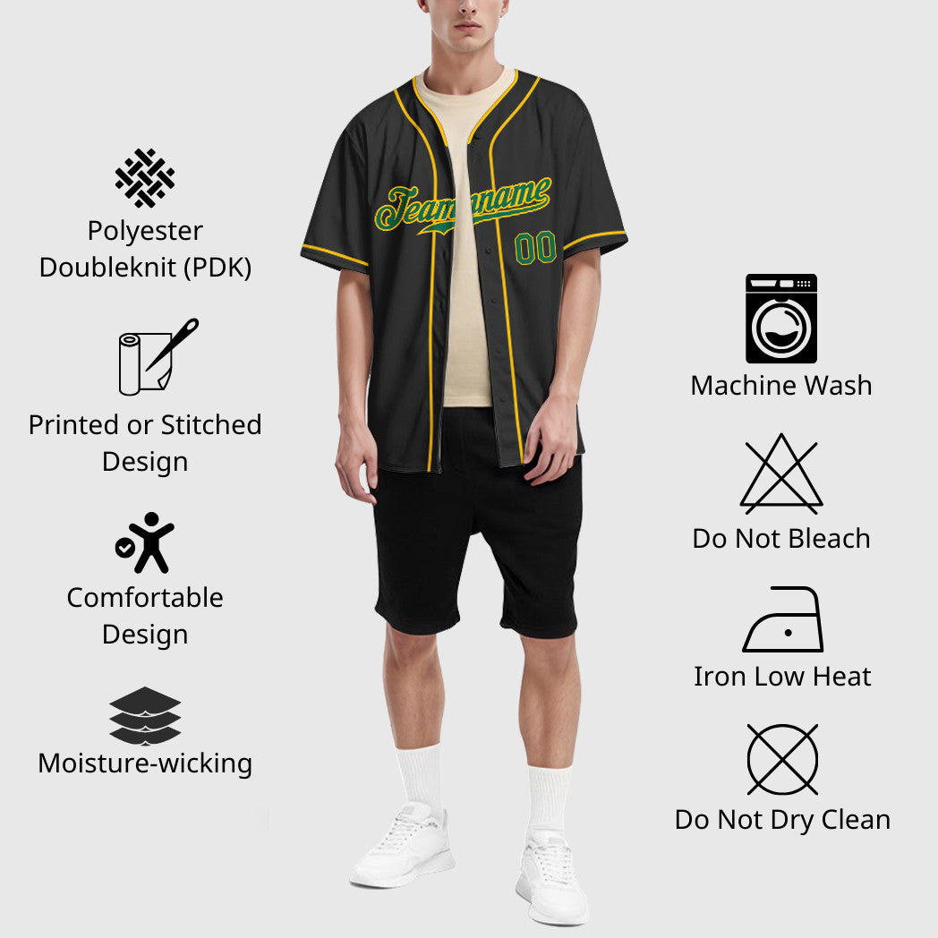 Custom Black Kelly Green Kelly Green-Gold Piping Baseball Jersey