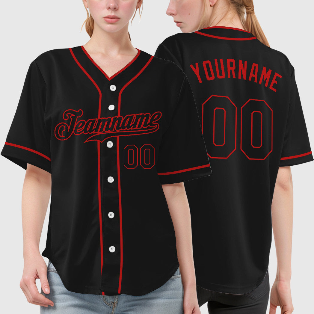 Custom Black Red Black Piping Baseball Jersey