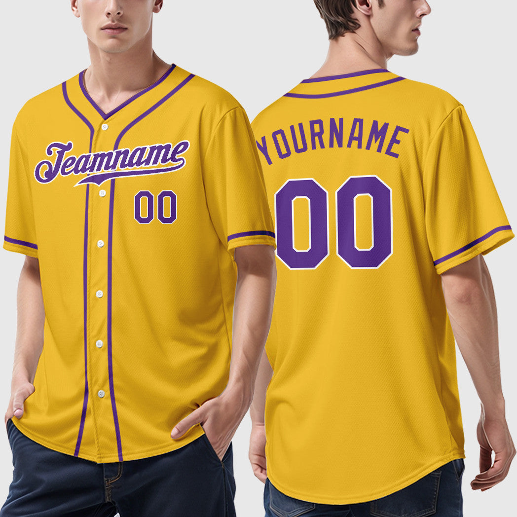 Custom Yellow Purple Purple-White Piping Baseball Jersey