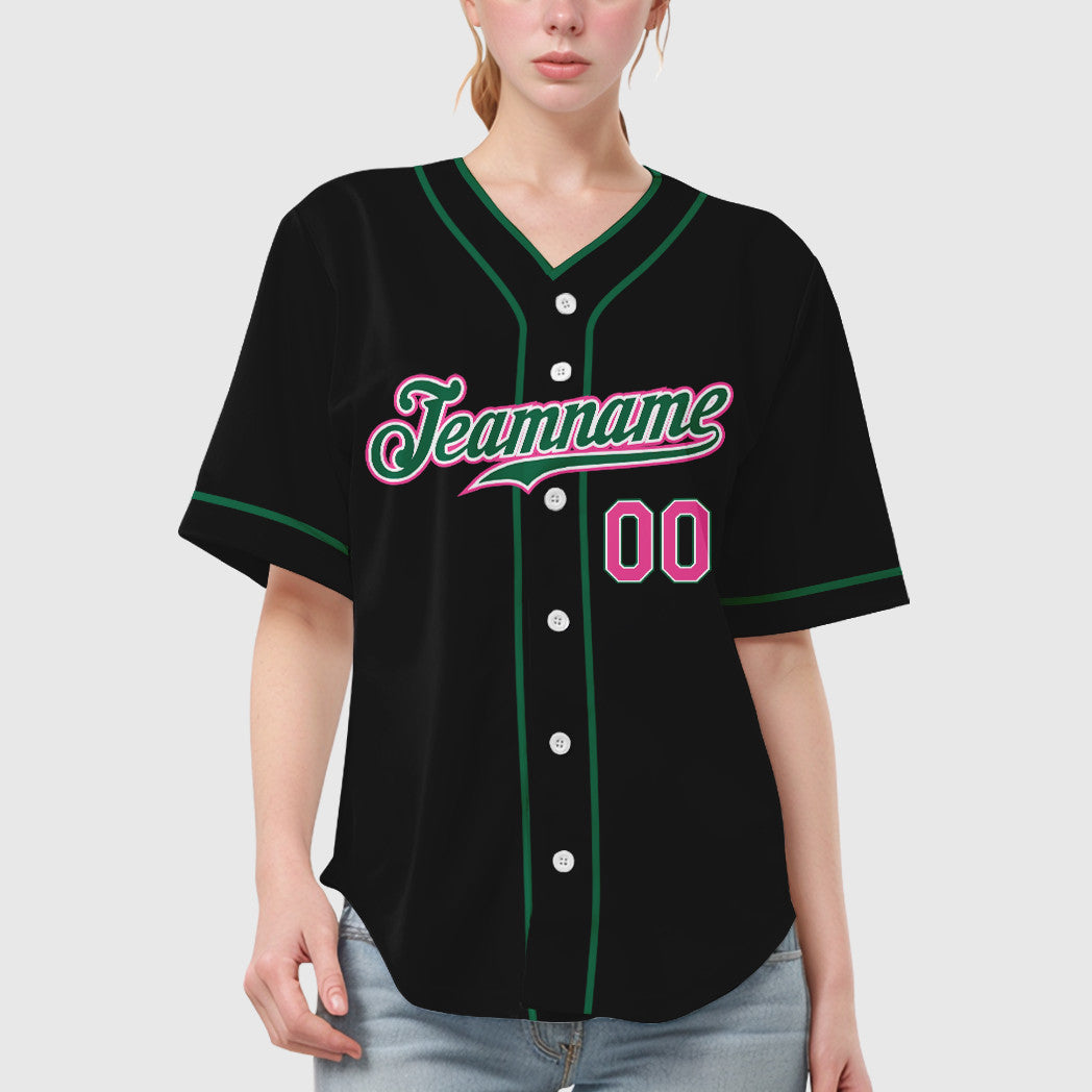 Custom Black Pink Pink-Kelly Green Piping Baseball Jersey